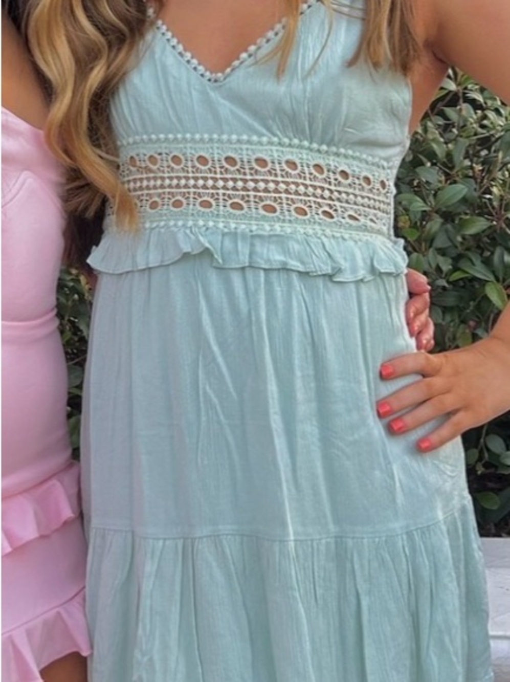 Light Blue Spaghetti-Strap Dress with Crochet Waist Detail